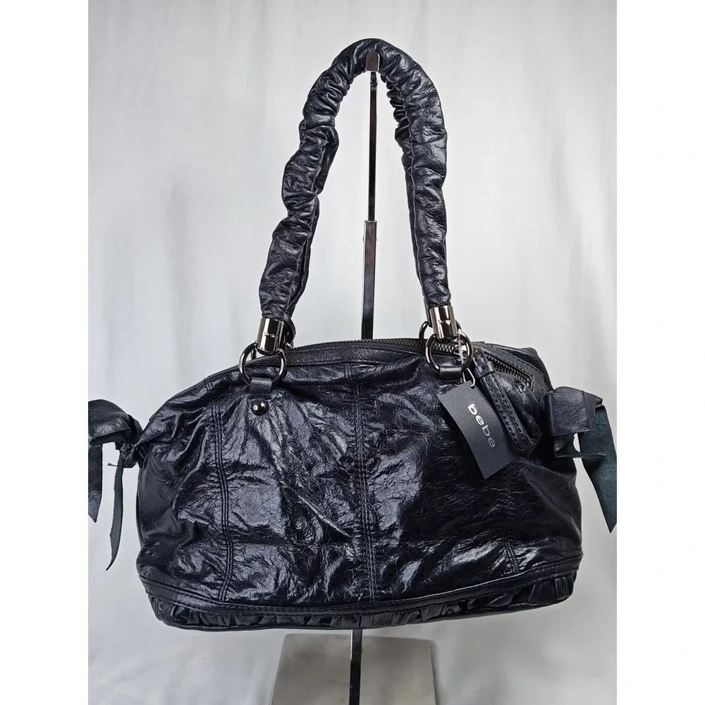 bebe Jagger Black Cowhide Leather Ruched Bow Satchel Shoulder Bag Purse NWT